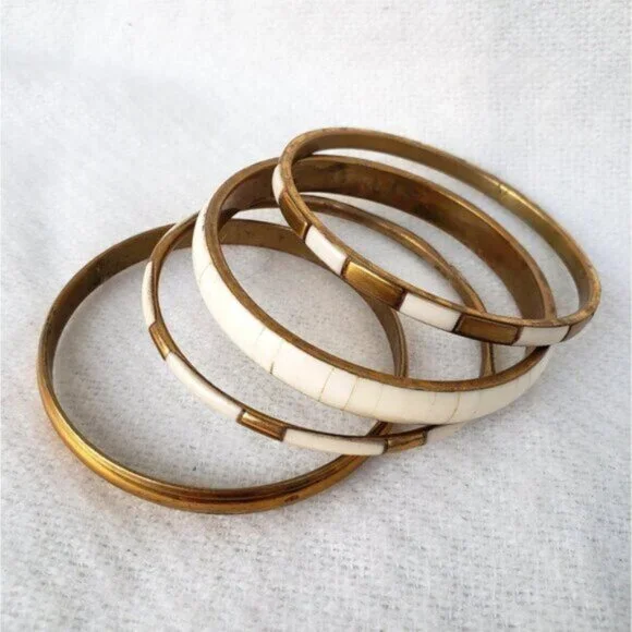 Brass w Bone Inlay Stackable Layering Bangle Bracelet Vintage - Picture 1 of 7
